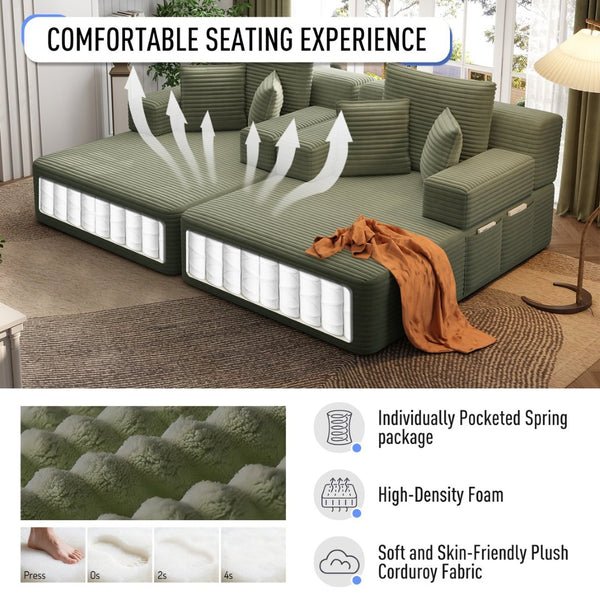 English Elm Oversized Plush Corduroy Convertible Chaise Lounge Sleeper with Storage Pocket Pillows Green W3219S00025
