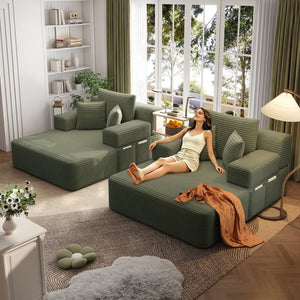 English Elm Oversized Plush Corduroy Convertible Chaise Lounge Sleeper with Storage Pocket Pillows Green W3219S00025