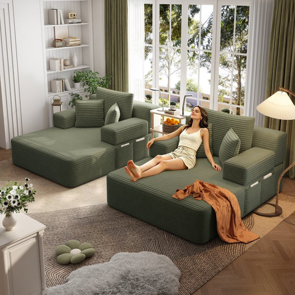 English Elm Oversized Plush Corduroy Convertible Chaise Lounge Sleeper with Storage Pocket Pillows Green W3219S00025