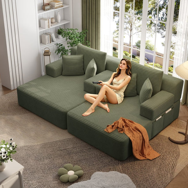 English Elm Oversized Plush Corduroy Convertible Chaise Lounge Sleeper with Storage Pocket Pillows Green W3219S00025