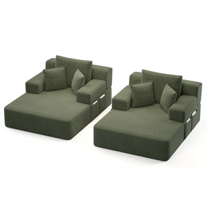 English Elm Oversized Plush Corduroy Convertible Chaise Lounge Sleeper with Storage Pocket Pillows Green W3219S00025