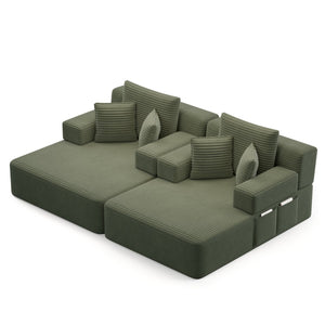 English Elm Oversized Plush Corduroy Convertible Chaise Lounge Sleeper with Storage Pocket Pillows Green W3219S00025
