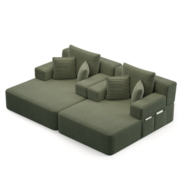 English Elm Oversized Plush Corduroy Convertible Chaise Lounge Sleeper with Storage Pocket Pillows Green W3219S00025