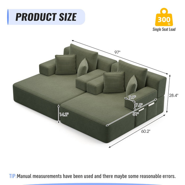 English Elm Oversized Plush Corduroy Convertible Chaise Lounge Sleeper with Storage Pocket Pillows Green W3219S00025