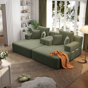 English Elm Oversized Plush Corduroy Convertible Chaise Lounge Sleeper with Storage Pocket Pillows Green W3219S00025