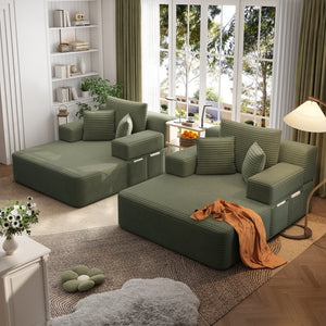 English Elm Oversized Plush Corduroy Convertible Chaise Lounge Sleeper with Storage Pocket Pillows Green W3219S00025