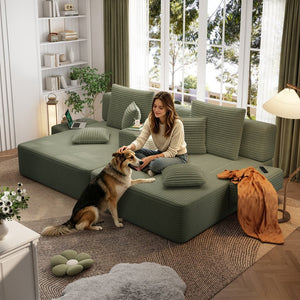 English Elm Oversized Plush Corduroy Convertible Chaise Lounge Sleeper with Storage Pocket Pillows Green W3219S00025