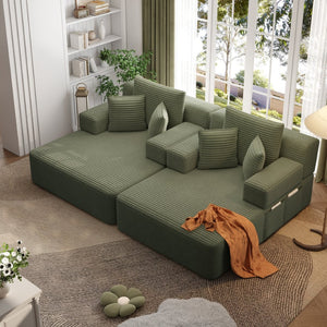 English Elm Oversized Plush Corduroy Convertible Chaise Lounge Sleeper with Storage Pocket Pillows Green W3219S00025