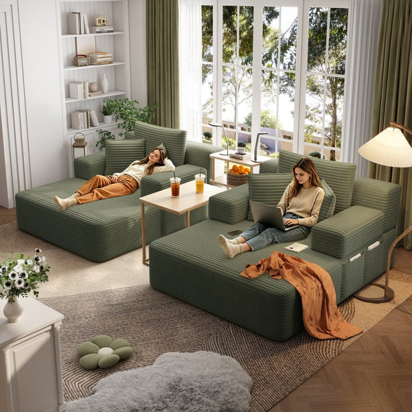 English Elm Oversized Plush Corduroy Convertible Chaise Lounge Sleeper with Storage Pocket Pillows Green W3219S00025