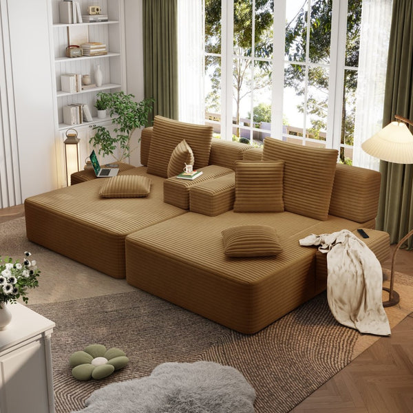 English Elm Oversized Plush Corduroy Convertible Chaise Lounge Sleeper with Storage Pocket Pillows Camel W3219S00026