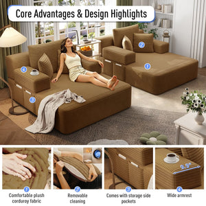 English Elm Oversized Plush Corduroy Convertible Chaise Lounge Sleeper with Storage Pocket Pillows Camel W3219S00026