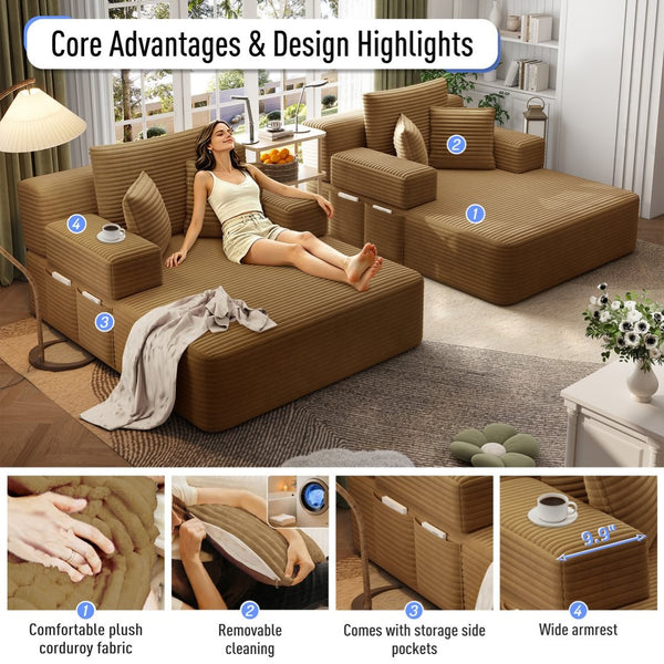 English Elm Oversized Plush Corduroy Convertible Chaise Lounge Sleeper with Storage Pocket Pillows Camel W3219S00026