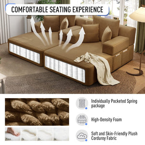 English Elm Oversized Plush Corduroy Convertible Chaise Lounge Sleeper with Storage Pocket Pillows Camel W3219S00026