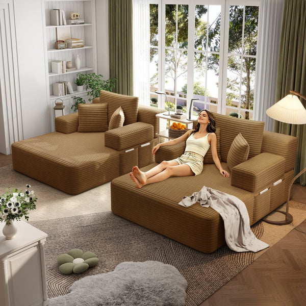 English Elm Oversized Plush Corduroy Convertible Chaise Lounge Sleeper with Storage Pocket Pillows Camel W3219S00026