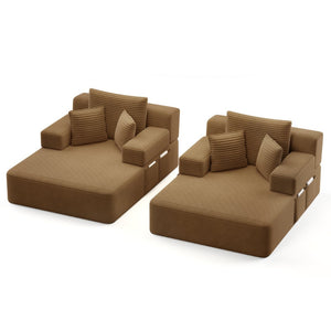 English Elm Oversized Plush Corduroy Convertible Chaise Lounge Sleeper with Storage Pocket Pillows Camel W3219S00026