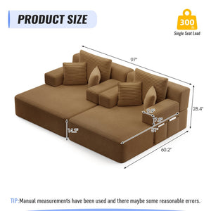 English Elm Oversized Plush Corduroy Convertible Chaise Lounge Sleeper with Storage Pocket Pillows Camel W3219S00026