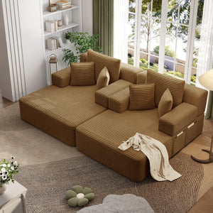 English Elm Oversized Plush Corduroy Convertible Chaise Lounge Sleeper with Storage Pocket Pillows Camel W3219S00026