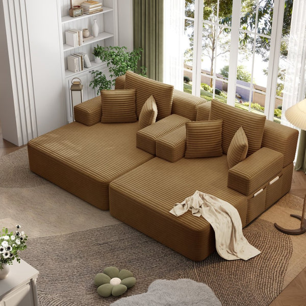 English Elm Oversized Plush Corduroy Convertible Chaise Lounge Sleeper with Storage Pocket Pillows Camel W3219S00026