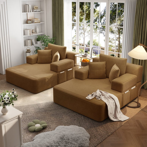 English Elm Oversized Plush Corduroy Convertible Chaise Lounge Sleeper with Storage Pocket Pillows Camel W3219S00026