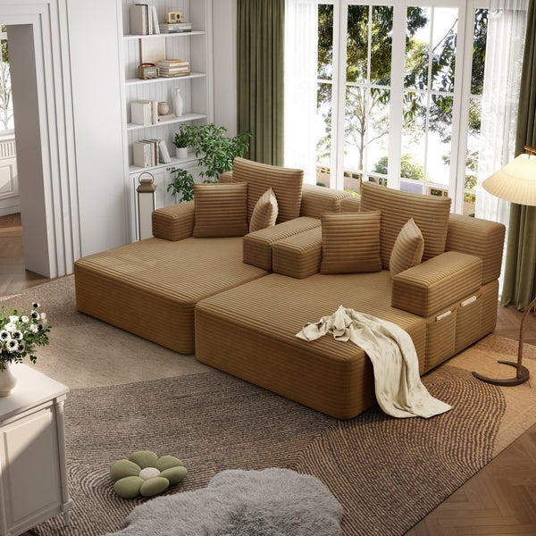 English Elm Oversized Plush Corduroy Convertible Chaise Lounge Sleeper with Storage Pocket Pillows Camel W3219S00026