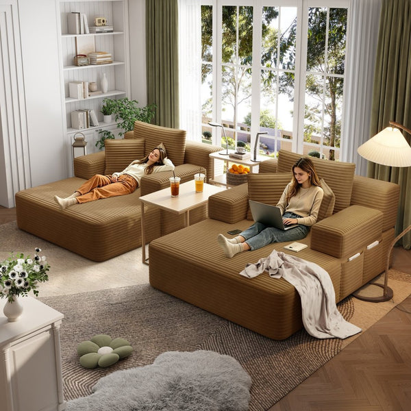 English Elm Oversized Plush Corduroy Convertible Chaise Lounge Sleeper with Storage Pocket Pillows Camel W3219S00026
