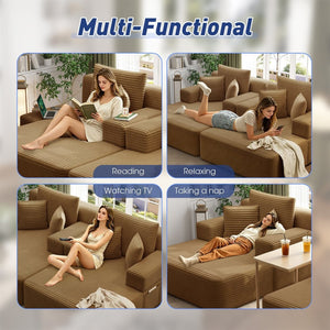 English Elm Oversized Plush Corduroy Convertible Chaise Lounge Sleeper with Storage Pocket Pillows Camel W3219S00026