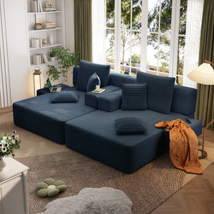 English Elm Oversized Plush Corduroy Convertible Chaise Lounge Sleeper with Storage Pocket Pillows Blue W3219S00027