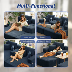 English Elm Oversized Plush Corduroy Convertible Chaise Lounge Sleeper with Storage Pocket Pillows Blue W3219S00027