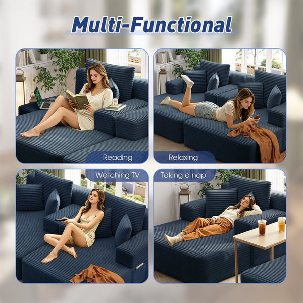 English Elm Oversized Plush Corduroy Convertible Chaise Lounge Sleeper with Storage Pocket Pillows Blue W3219S00027