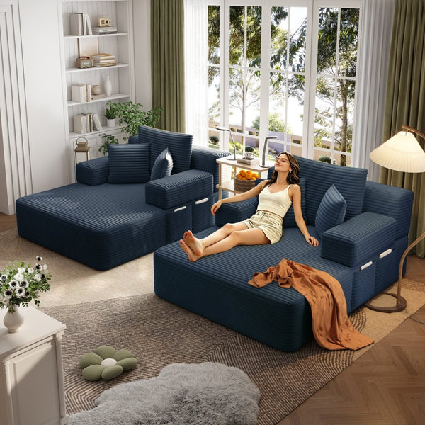 English Elm Oversized Plush Corduroy Convertible Chaise Lounge Sleeper with Storage Pocket Pillows Blue W3219S00027