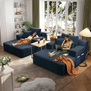 English Elm Oversized Plush Corduroy Convertible Chaise Lounge Sleeper with Storage Pocket Pillows Blue W3219S00027