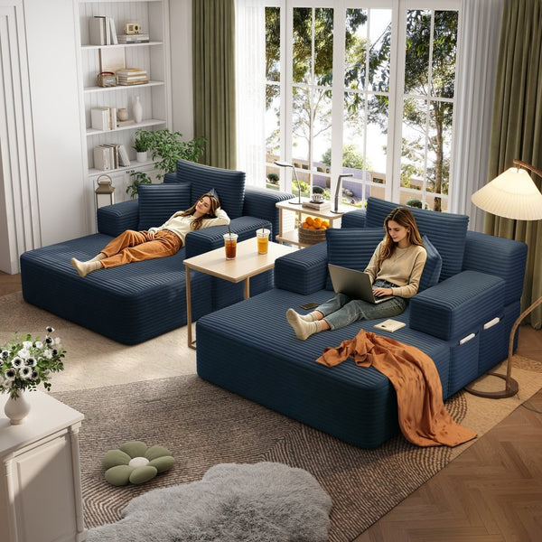 English Elm Oversized Plush Corduroy Convertible Chaise Lounge Sleeper with Storage Pocket Pillows Blue W3219S00027