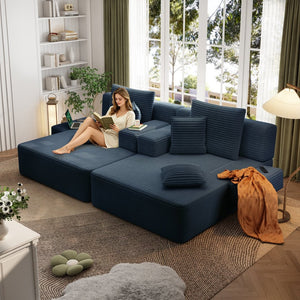 English Elm Oversized Plush Corduroy Convertible Chaise Lounge Sleeper with Storage Pocket Pillows Blue W3219S00027