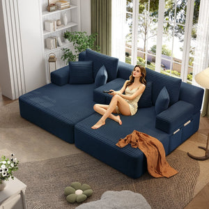 English Elm Oversized Plush Corduroy Convertible Chaise Lounge Sleeper with Storage Pocket Pillows Blue W3219S00027