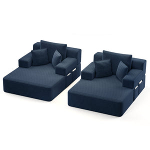 English Elm Oversized Plush Corduroy Convertible Chaise Lounge Sleeper with Storage Pocket Pillows Blue W3219S00027
