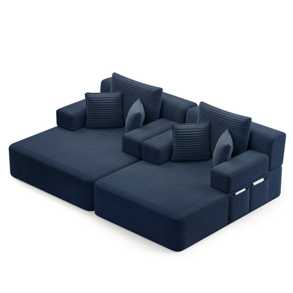 English Elm Oversized Plush Corduroy Convertible Chaise Lounge Sleeper with Storage Pocket Pillows Blue W3219S00027
