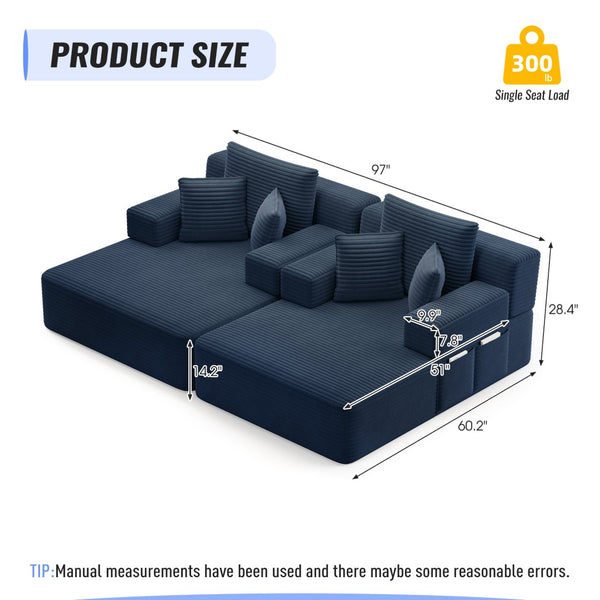 English Elm Oversized Plush Corduroy Convertible Chaise Lounge Sleeper with Storage Pocket Pillows Blue W3219S00027