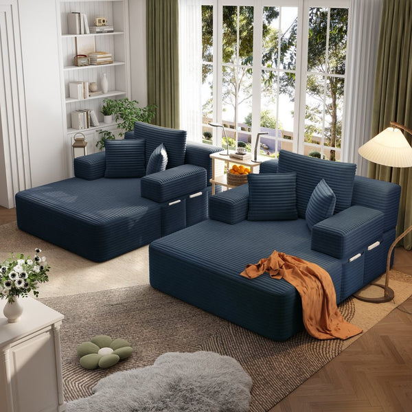 English Elm Oversized Plush Corduroy Convertible Chaise Lounge Sleeper with Storage Pocket Pillows Blue W3219S00027