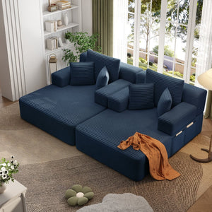 English Elm Oversized Plush Corduroy Convertible Chaise Lounge Sleeper with Storage Pocket Pillows Blue W3219S00027