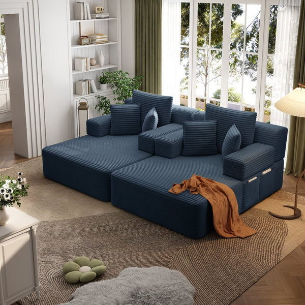 English Elm Oversized Plush Corduroy Convertible Chaise Lounge Sleeper with Storage Pocket Pillows Blue W3219S00027