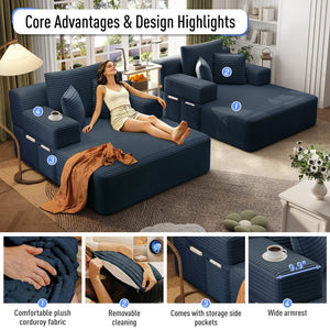 English Elm Oversized Plush Corduroy Convertible Chaise Lounge Sleeper with Storage Pocket Pillows Blue W3219S00027