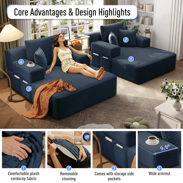 English Elm Oversized Plush Corduroy Convertible Chaise Lounge Sleeper with Storage Pocket Pillows Blue W3219S00027
