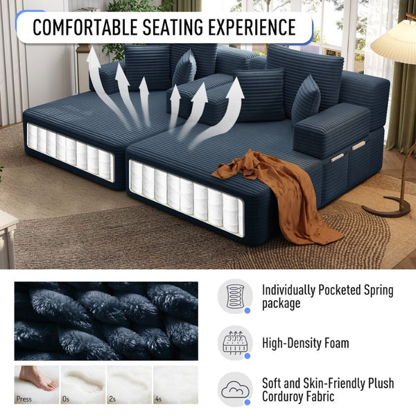English Elm Oversized Plush Corduroy Convertible Chaise Lounge Sleeper with Storage Pocket Pillows Blue W3219S00027