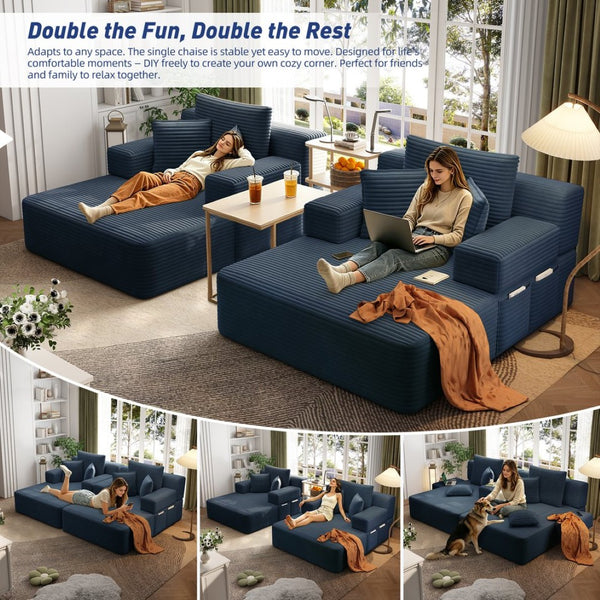 English Elm Oversized Plush Corduroy Convertible Chaise Lounge Sleeper with Storage Pocket Pillows Blue W3219S00027