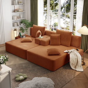 English Elm Oversized Plush Corduroy Convertible Chaise Lounge Sleeper with Storage Pocket Pillows Orange W3219S00028