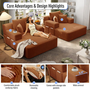 English Elm Oversized Plush Corduroy Convertible Chaise Lounge Sleeper with Storage Pocket Pillows Orange W3219S00028