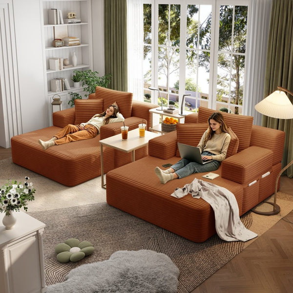 English Elm Oversized Plush Corduroy Convertible Chaise Lounge Sleeper with Storage Pocket Pillows Orange W3219S00028