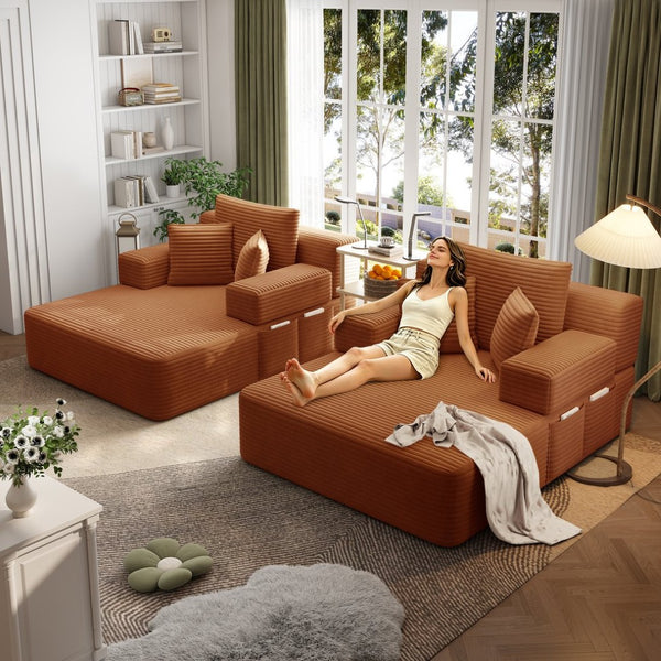 English Elm Oversized Plush Corduroy Convertible Chaise Lounge Sleeper with Storage Pocket Pillows Orange W3219S00028