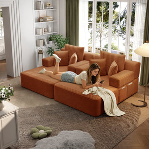 English Elm Oversized Plush Corduroy Convertible Chaise Lounge Sleeper with Storage Pocket Pillows Orange W3219S00028