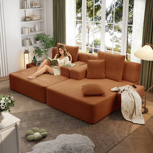 English Elm Oversized Plush Corduroy Convertible Chaise Lounge Sleeper with Storage Pocket Pillows Orange W3219S00028
